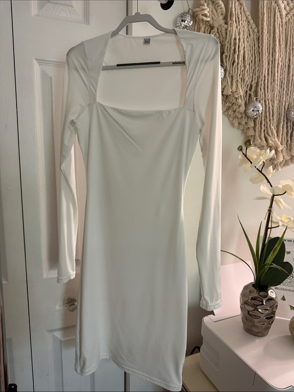 Amazon White Long Sleeve Square Neck Bodycon Dress